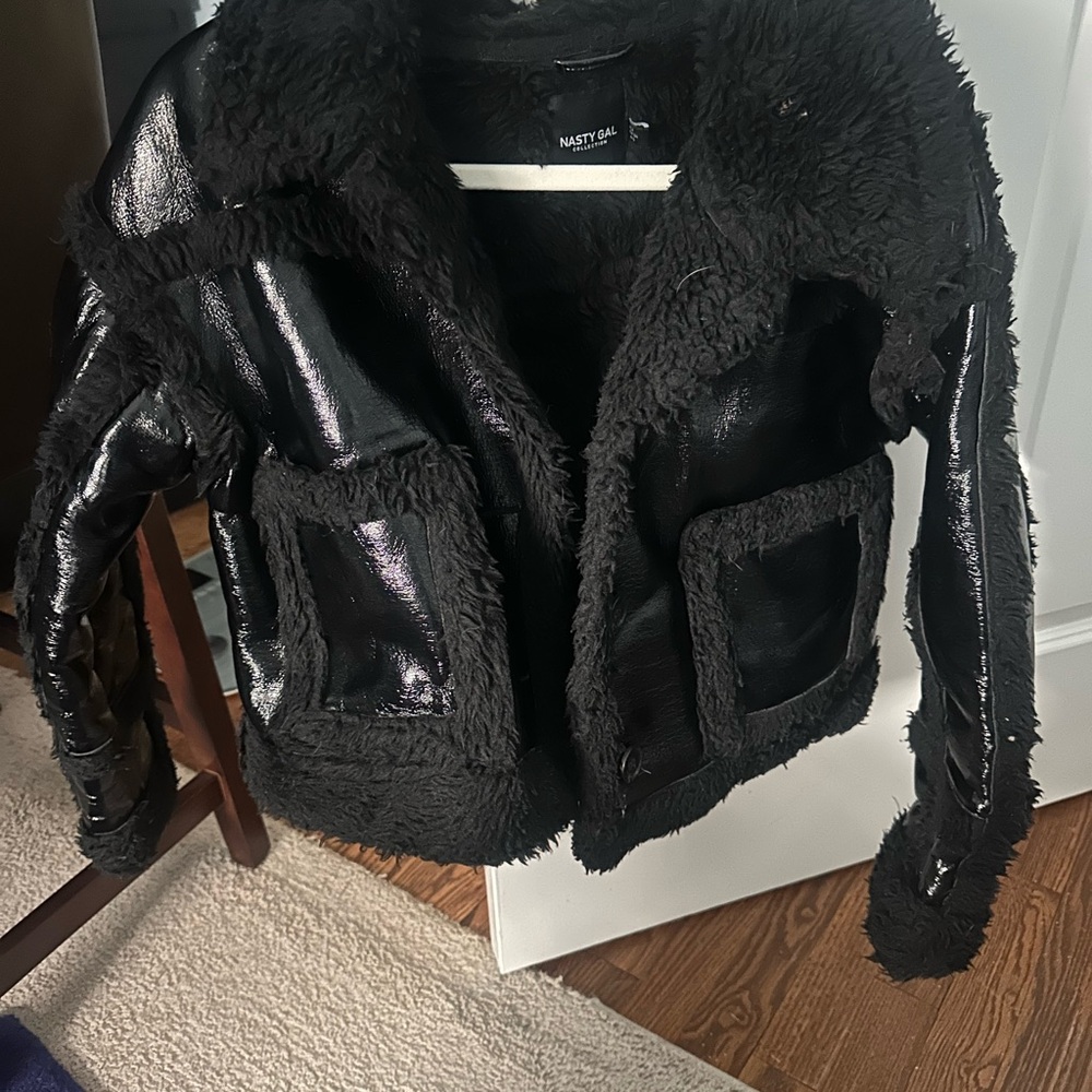 Nasty Gal Black Leather Jacket with Textured Design